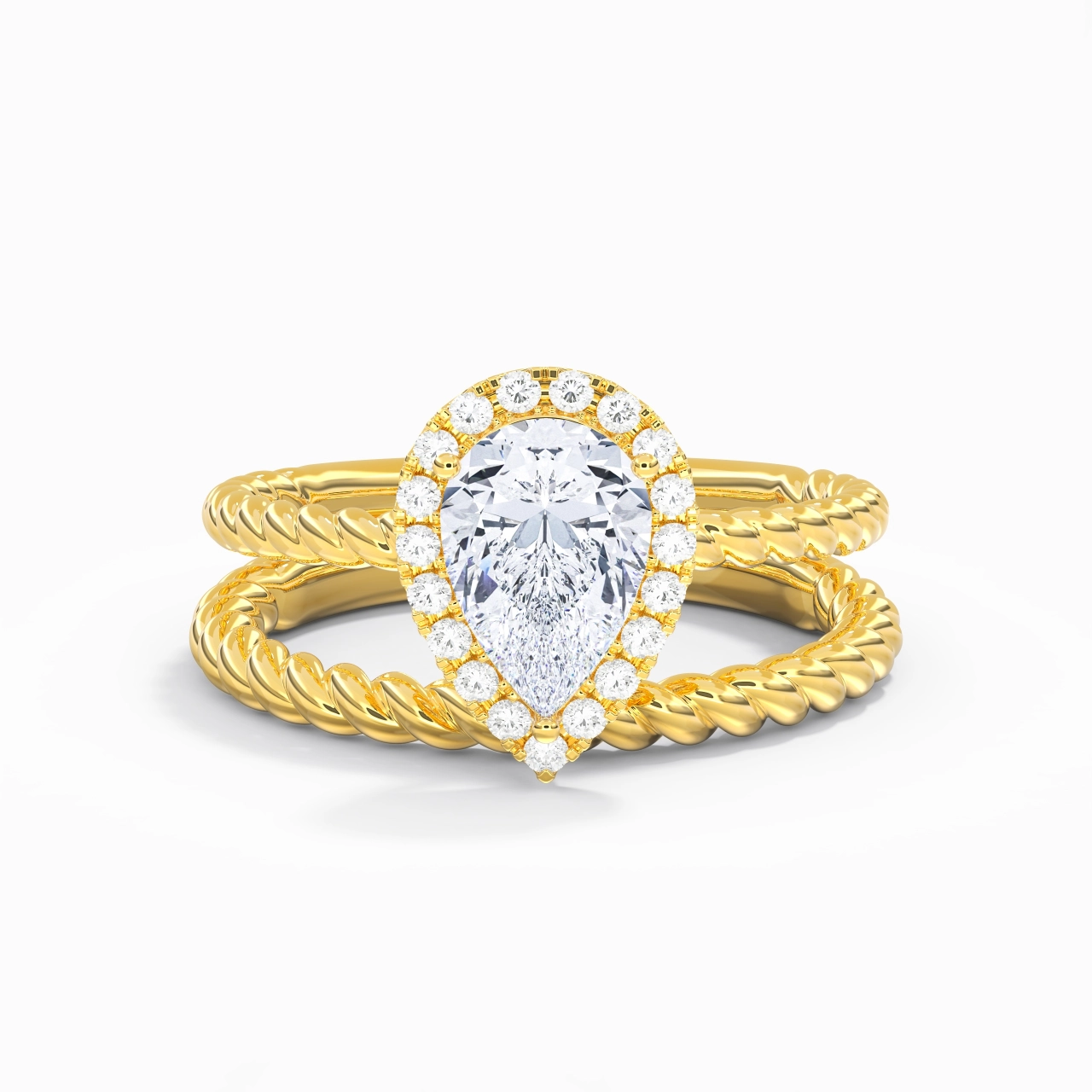 18K Gold Halo Twist Wedding Ring Set