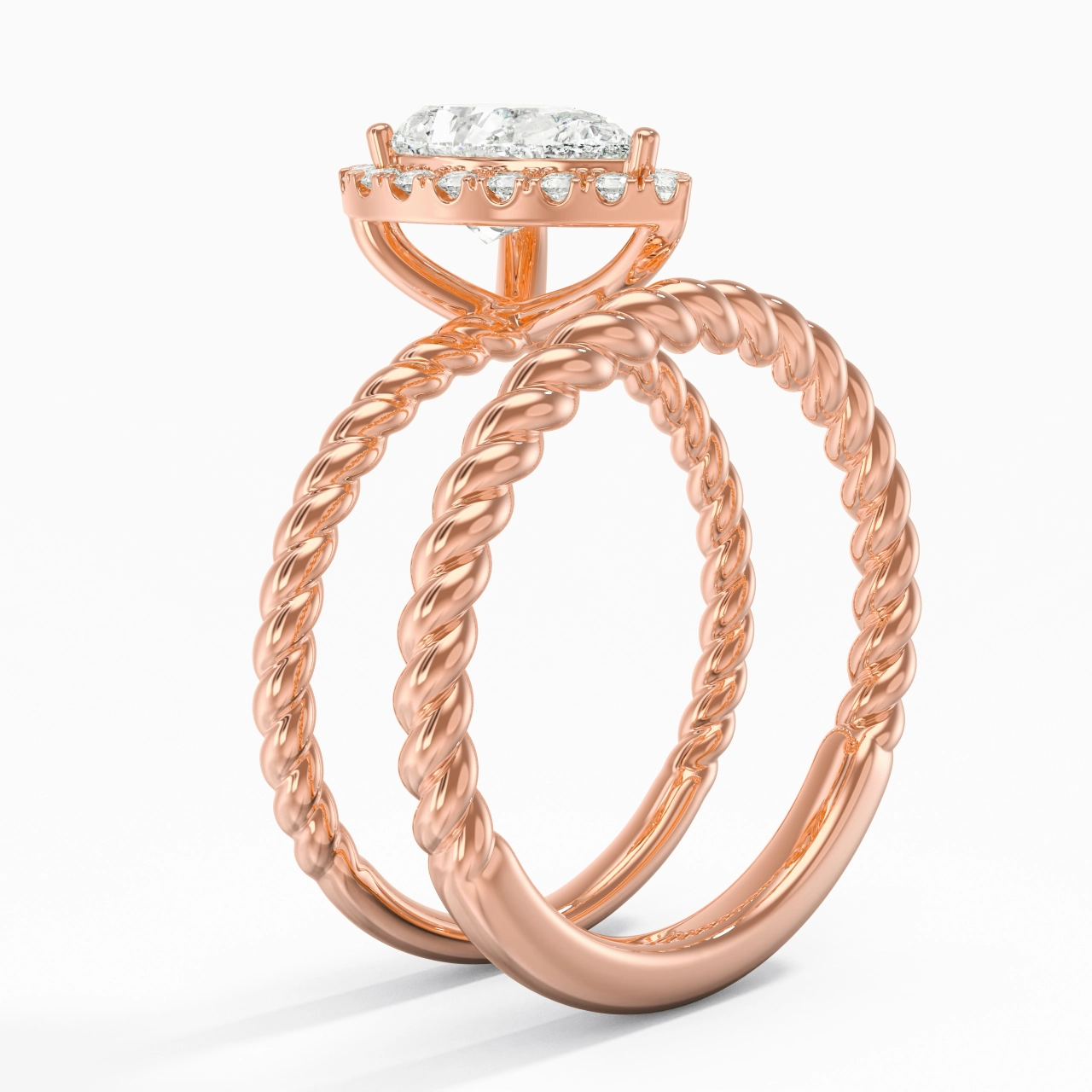 14K Rose Gold Halo Twist Wedding Ring Set