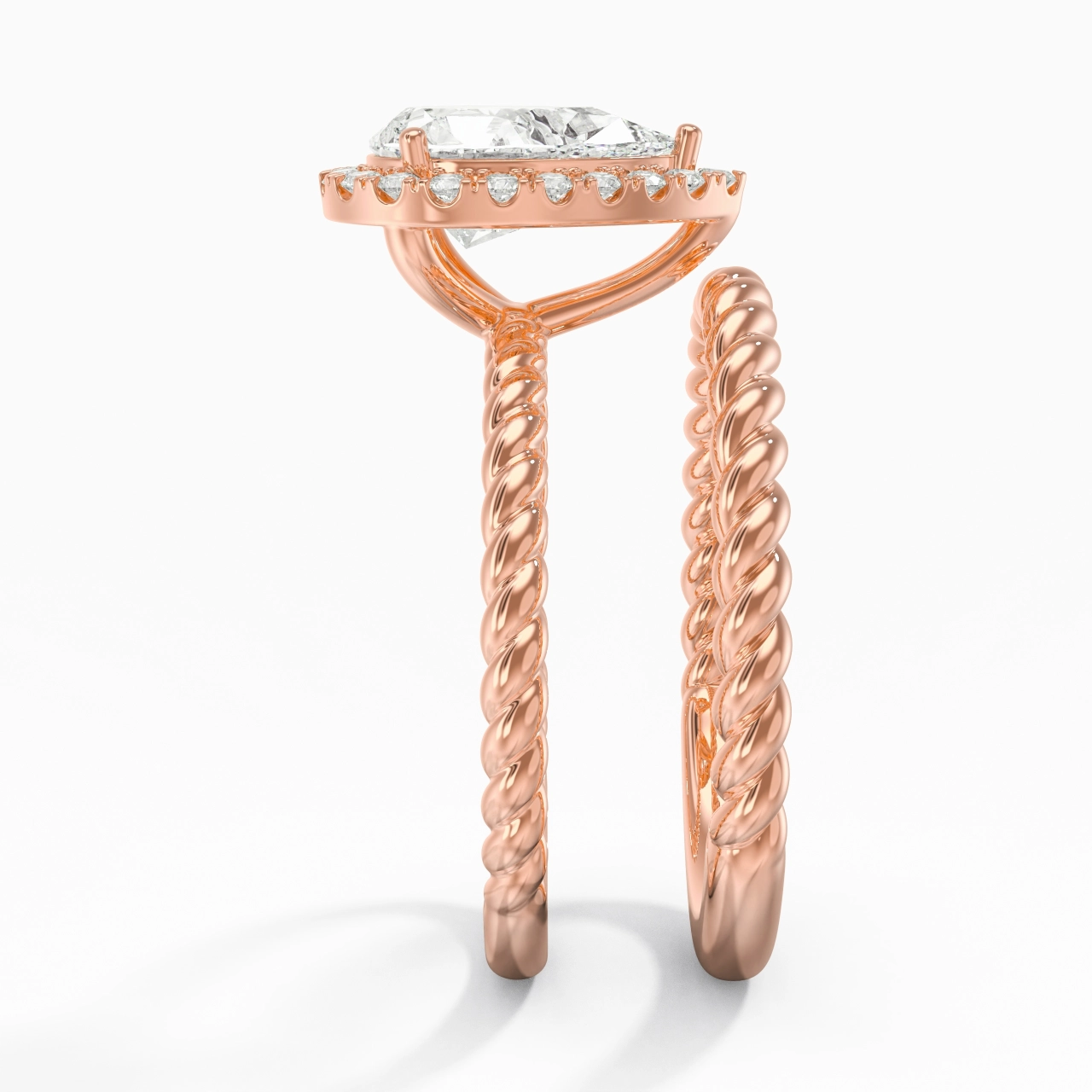 14K Rose Gold Halo Twist Wedding Ring Set