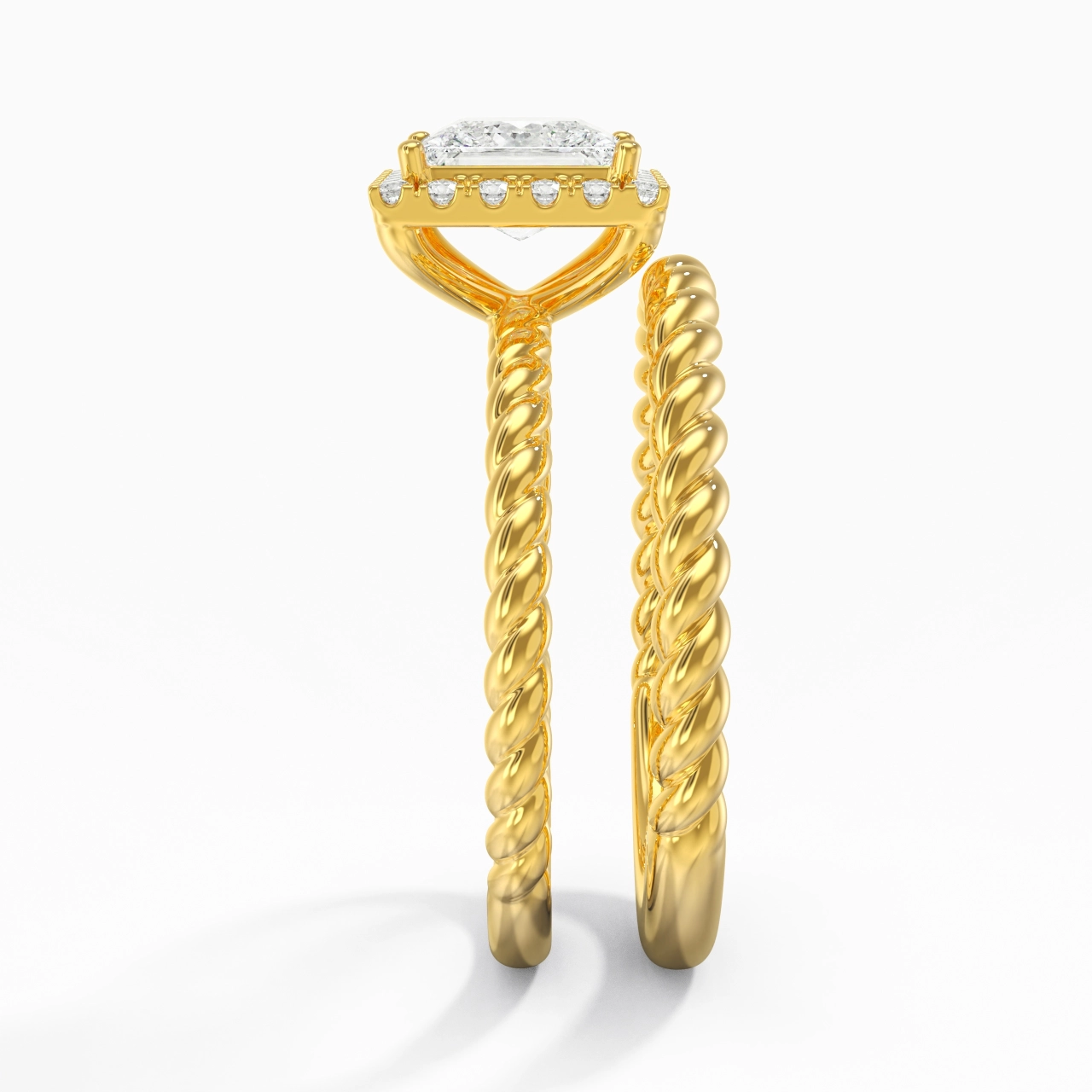 14K Gold Halo Twist Wedding Ring Set