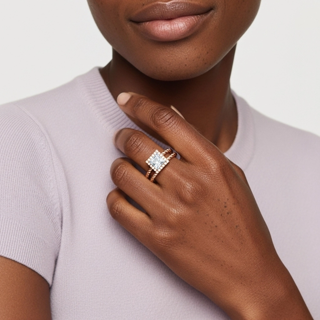 Or rose 14 carats Halo Tourner Ensemble d'alliances