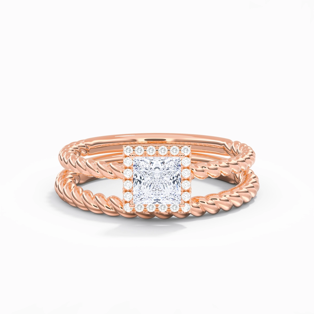18K Rose Gold Halo Twist Wedding Ring Set