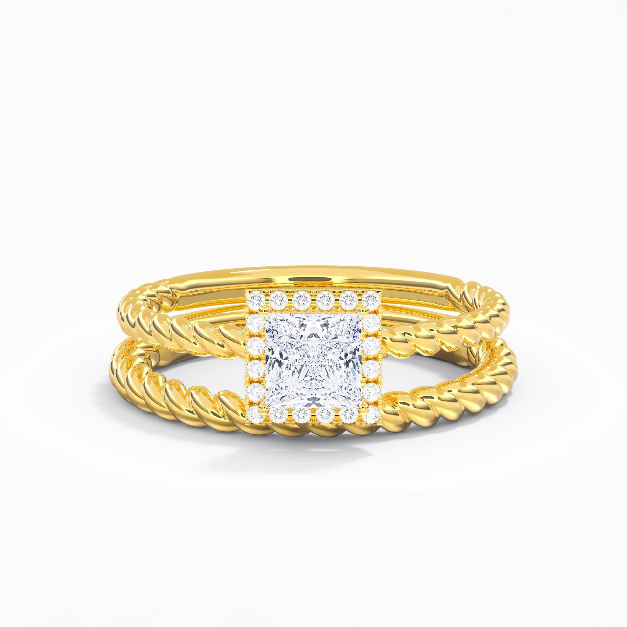 14K Gold Halo Twist Wedding Ring Set