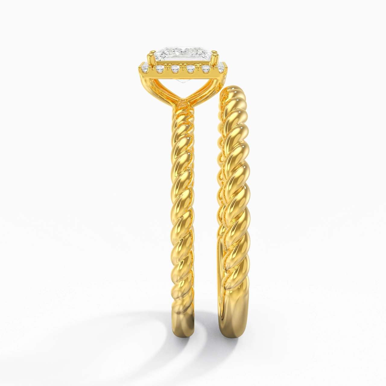 14K Gold Halo Twist Wedding Ring Set