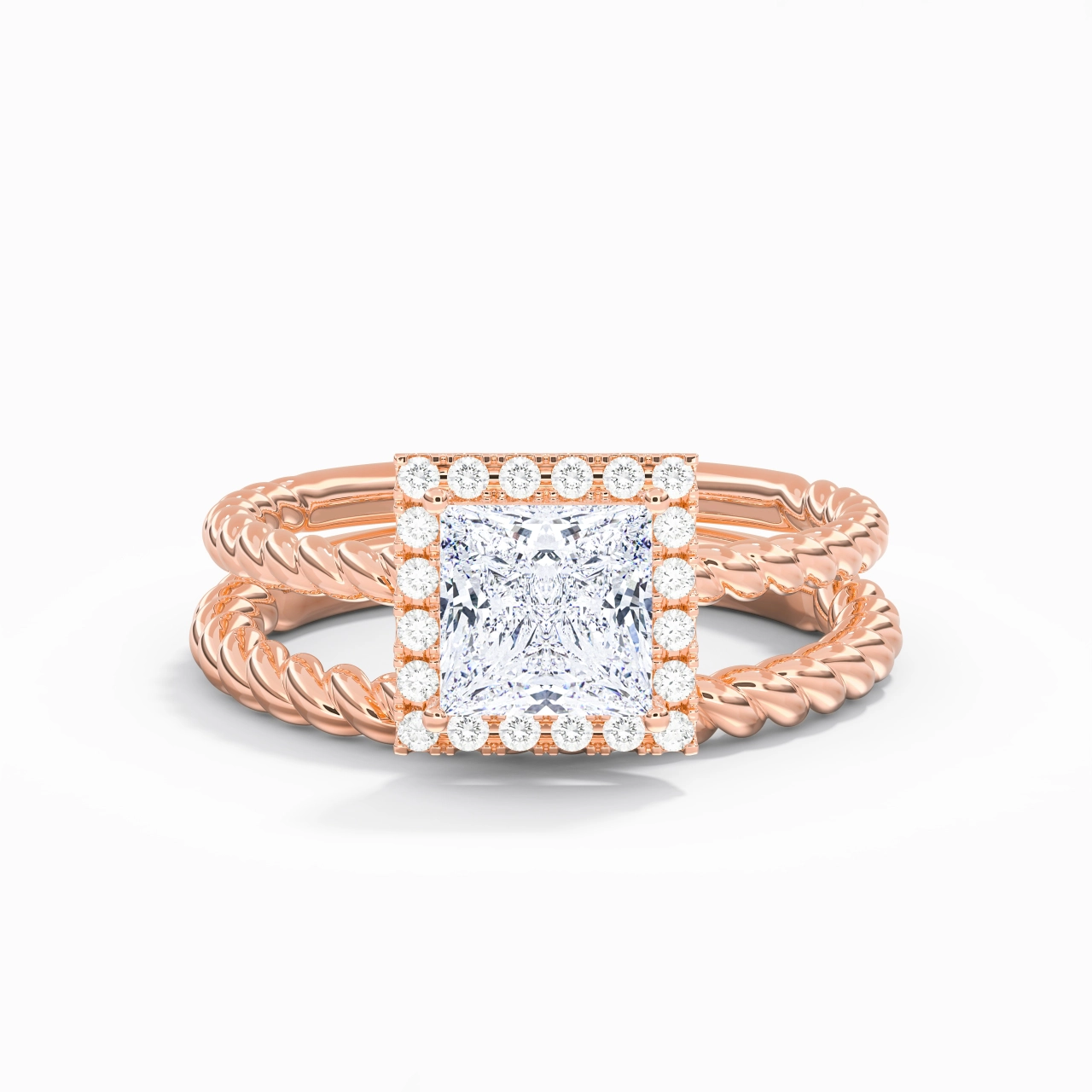 14K Rose Gold Halo Twist Wedding Ring Set