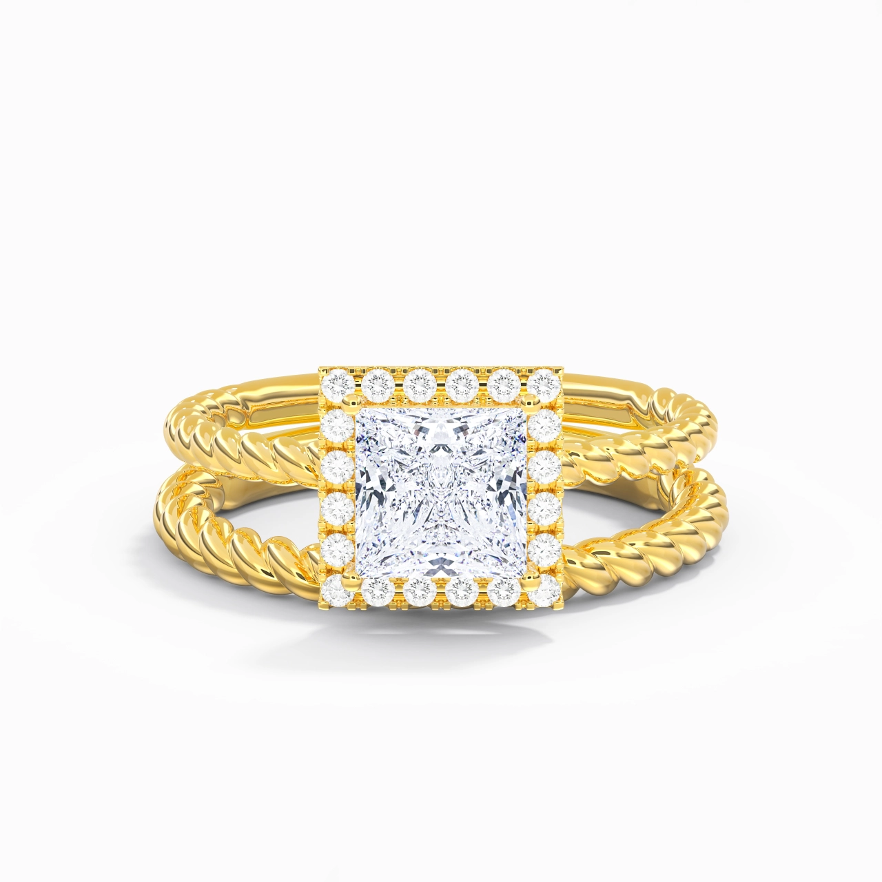 14K Gold Halo Twist Wedding Ring Set