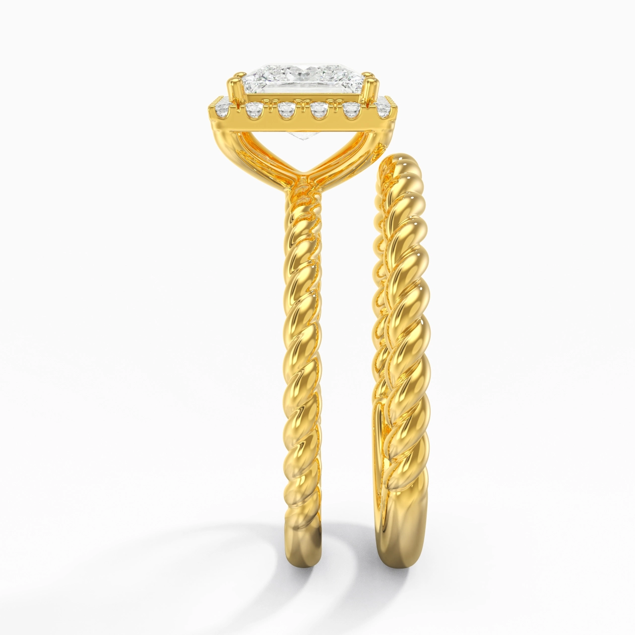 14K Gold Halo Twist Wedding Ring Set