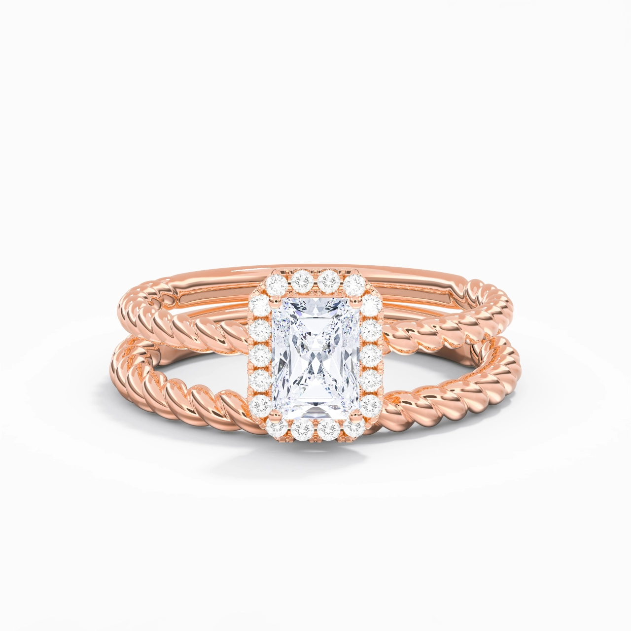 18K Rose Gold Halo Twist Wedding Ring Set