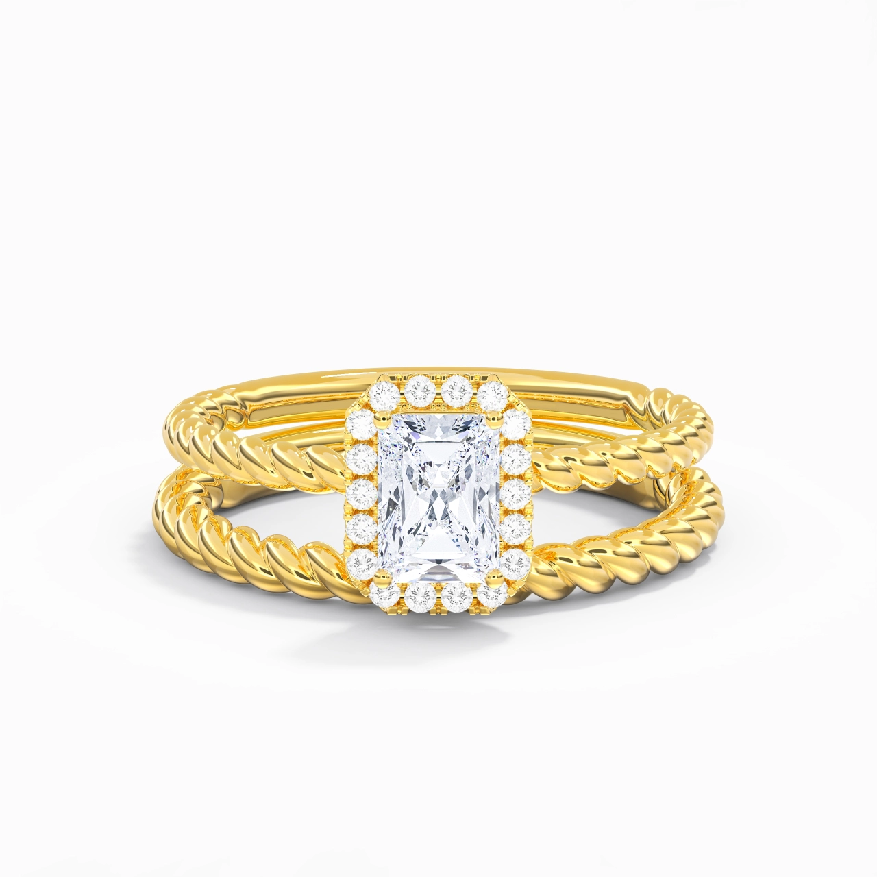 18K Gold Halo Twist Wedding Ring Set
