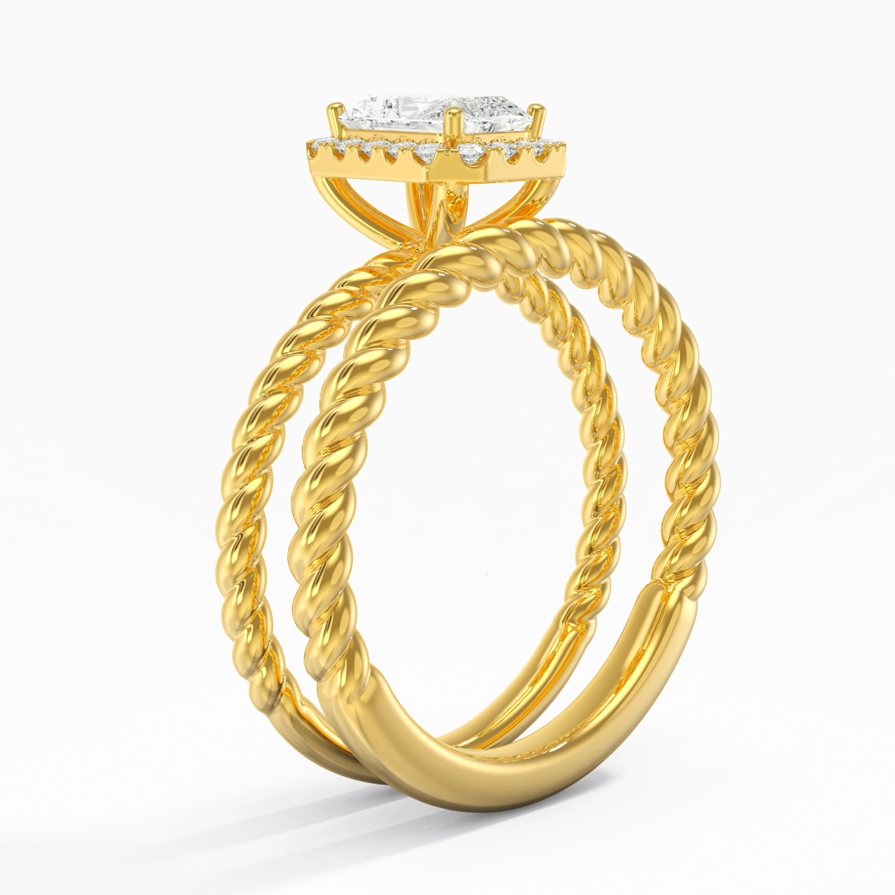 18K Gold Halo Twist Wedding Ring Set