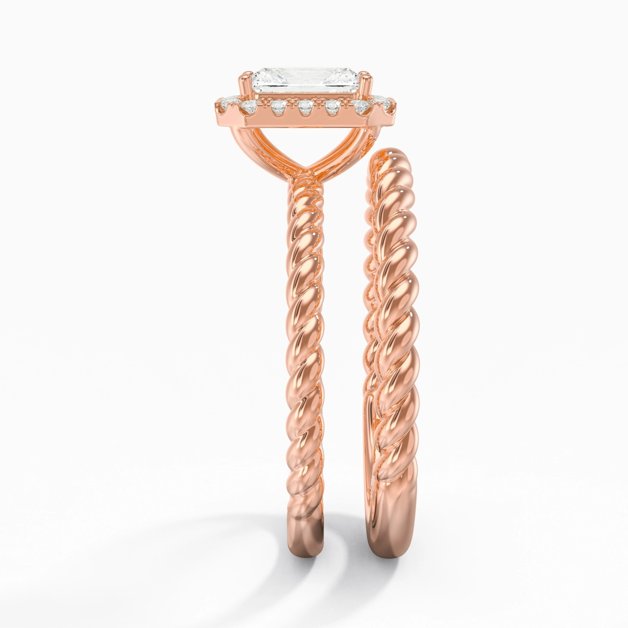 18K Rose Gold Halo Twist Wedding Ring Set