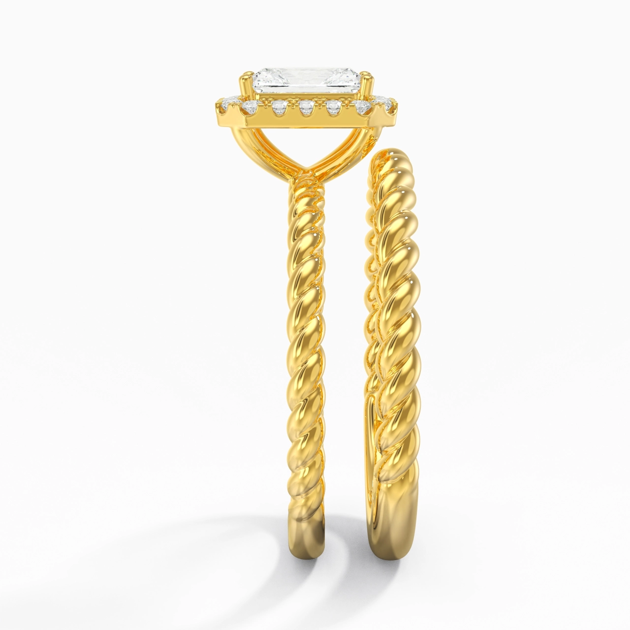 18K Gold Halo Twist Wedding Ring Set