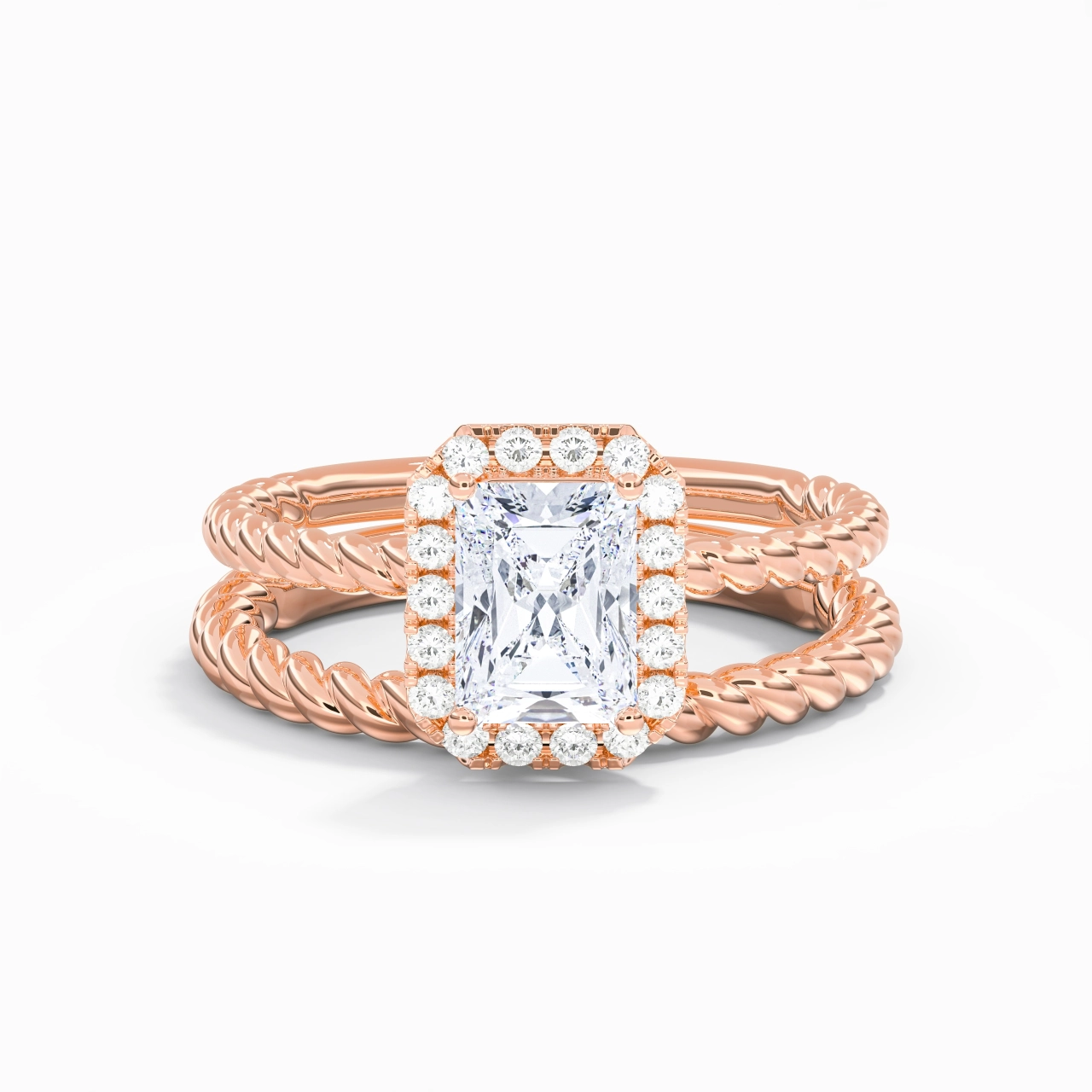14K Rose Gold Halo Twist Wedding Ring Set