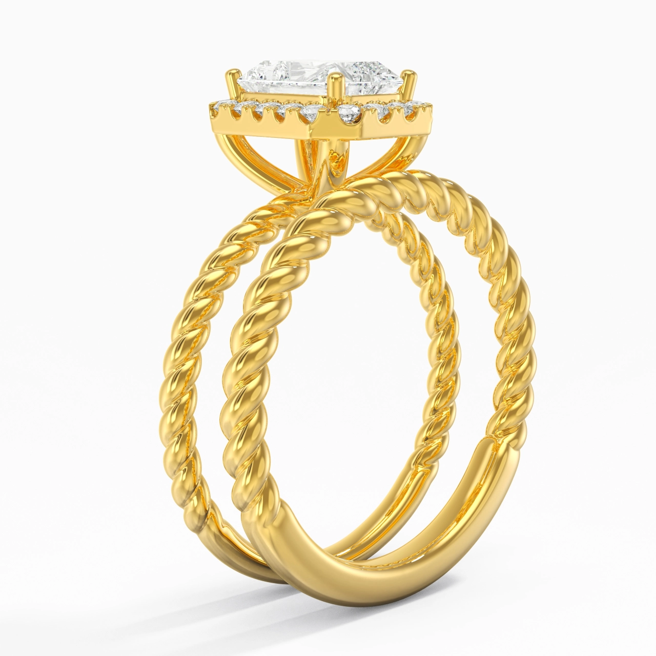 14K Gold Halo Twist Wedding Ring Set