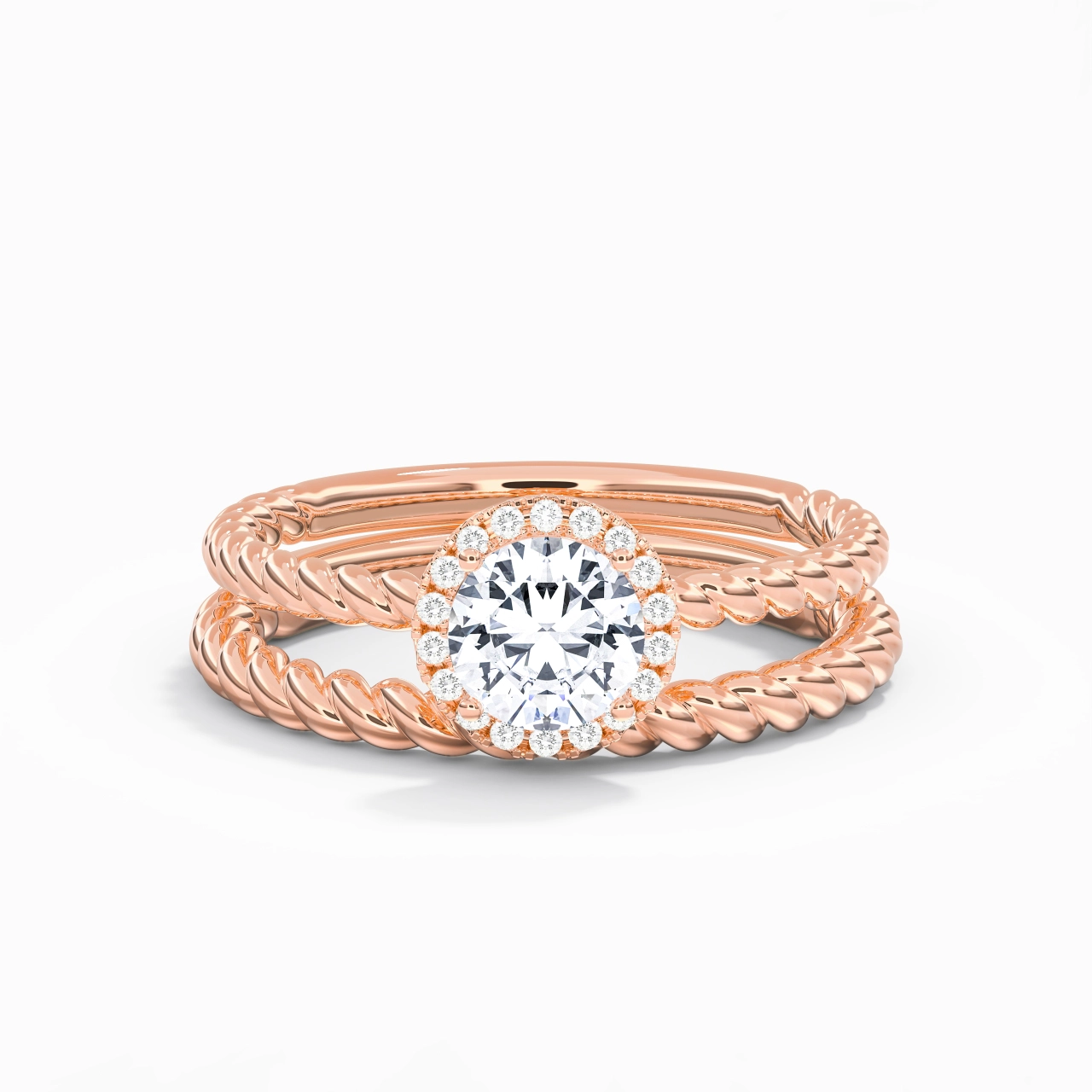18K Rose Gold Halo Twist Wedding Ring Set