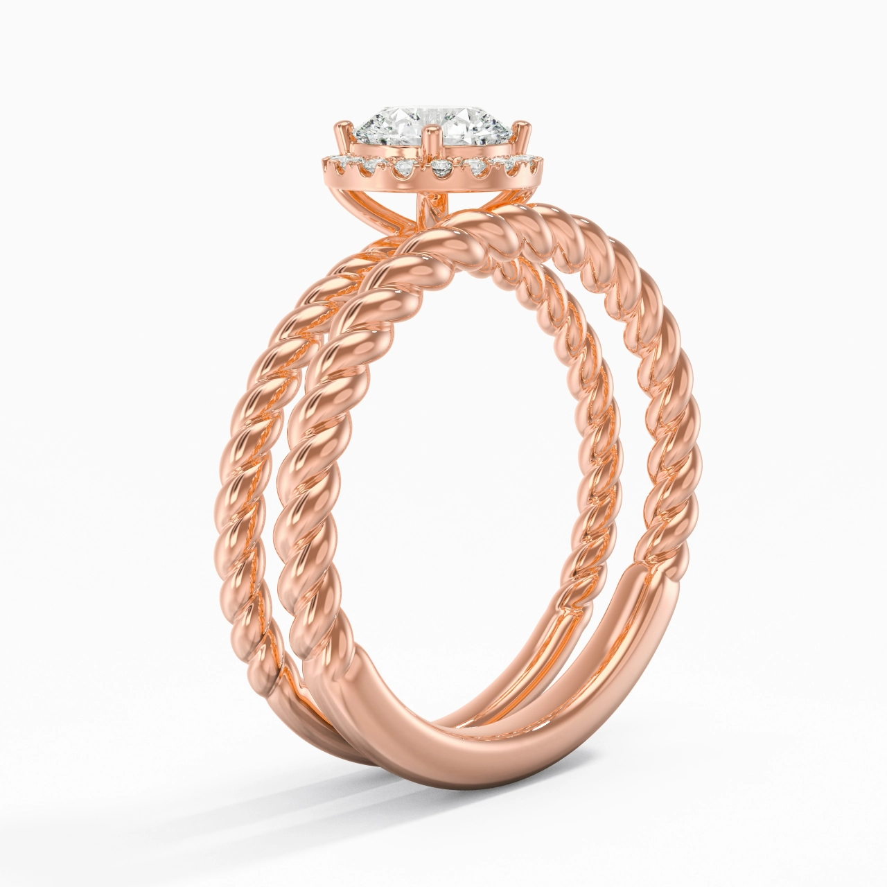18K Rose Gold Halo Twist Wedding Ring Set