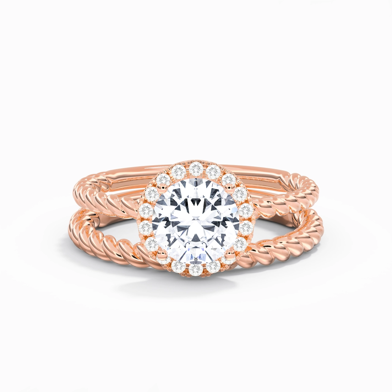 14K Rose Gold Halo Twist Wedding Ring Set