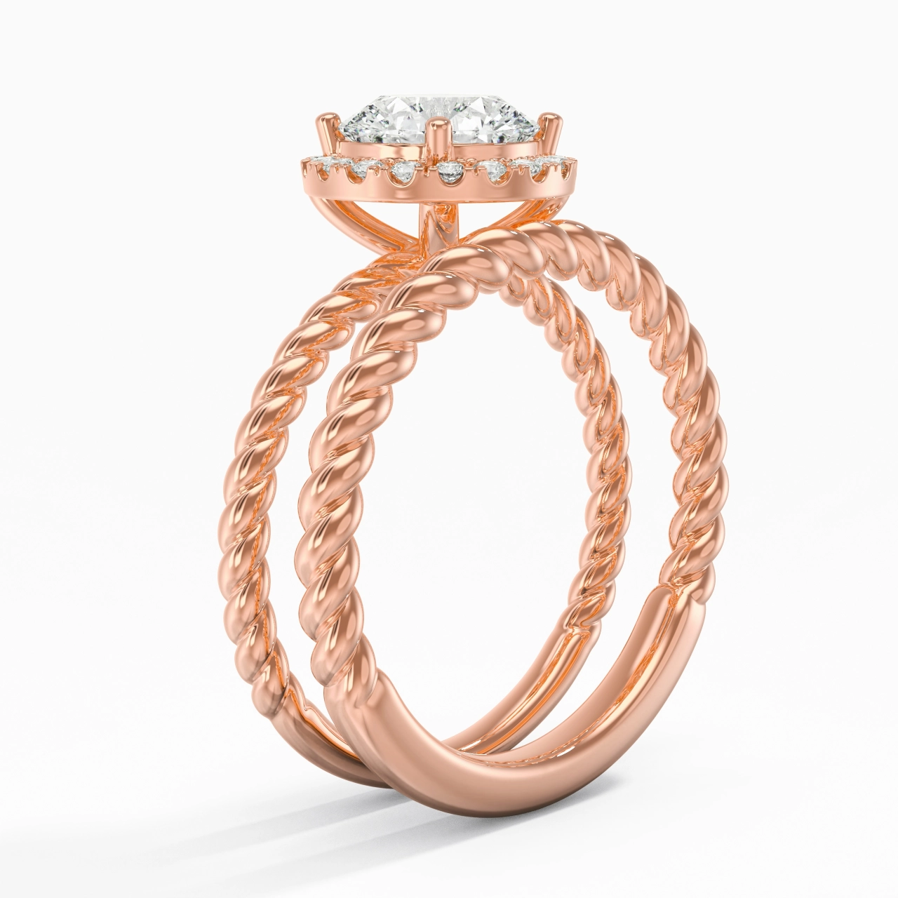 14K Rose Gold Halo Twist Wedding Ring Set