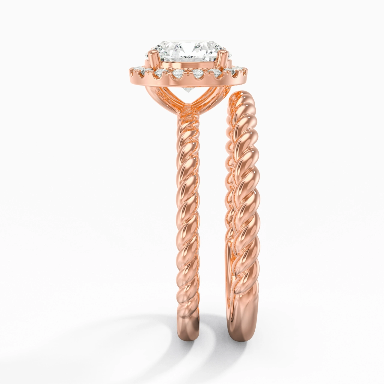 14K Rose Gold Halo Twist Wedding Ring Set
