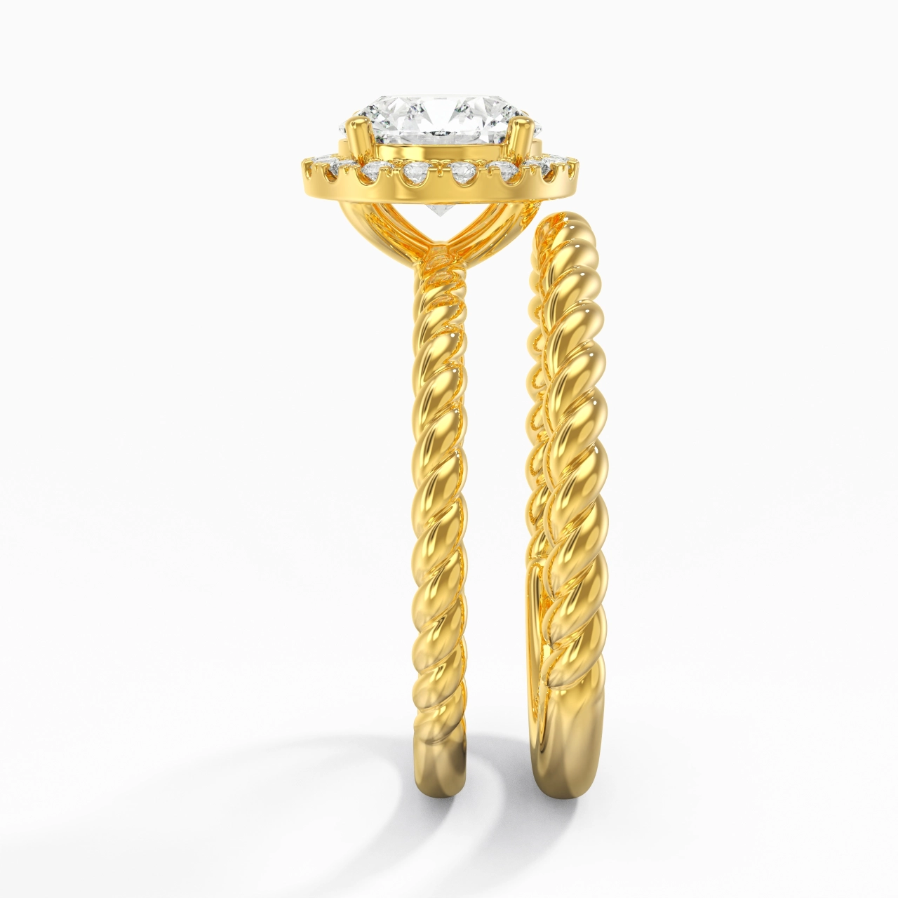 14K Gold Halo Twist Wedding Ring Set
