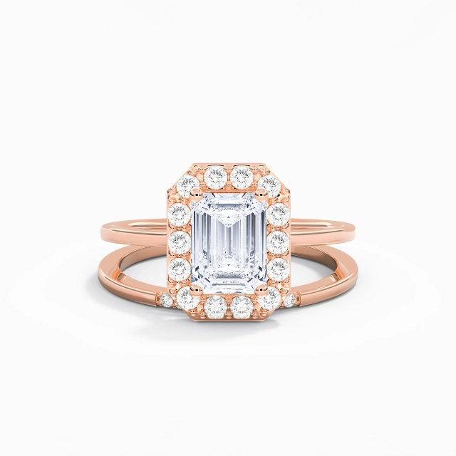 925 Sterling Silver Halo Custom Wedding Ring Set Polish Plating 18K Rose Gold Art Deco Emerald Moissanite 2.00ct Traditional Shank