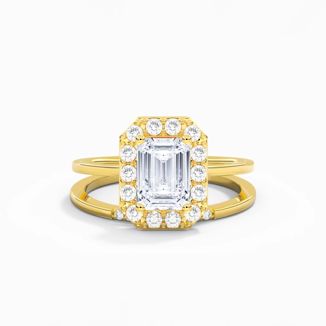 Argent sterling 925 Halo Coutume Ensemble d'alliances Polonais Placage Or jaune 18 carats Art Déco Émeraude Moissanite 2.00ct Tige Traditionnelle