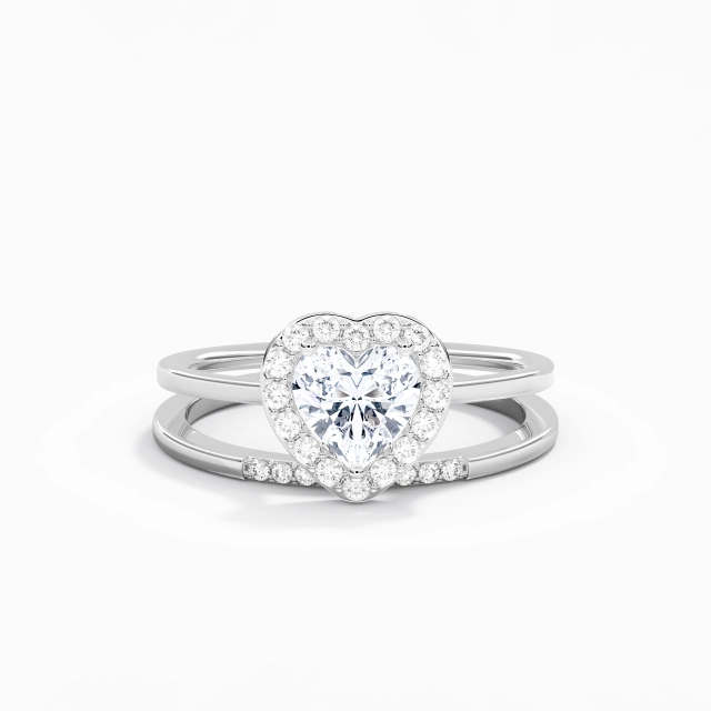 925 Sterling Silver Halo Custom Wedding Ring Set Polish Plating White Gold Art Deco Heart Moissanite 1.00ct Traditional Shank