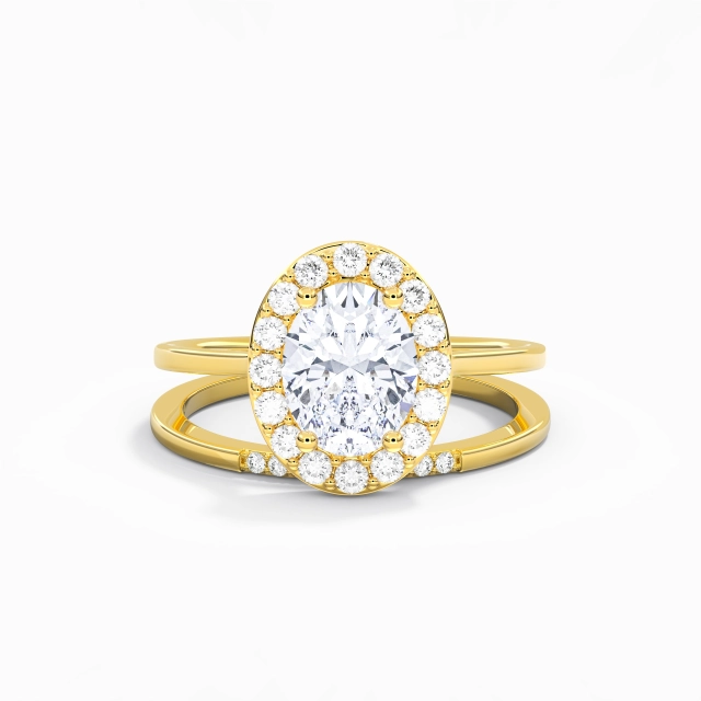 Plata esterlina 925 Aro de halo Personalizado Conjunto de Anillos de Boda Pulido Chapado Oro Amarillo 18K Art Deco Ovalado Moissanita 2.00ct Pata tradicional