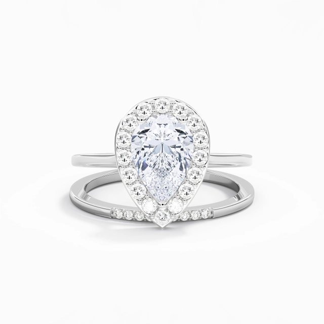 925 Sterling Silver Halo Custom Wedding Ring Set Polish Plating White Gold Art Deco Pear Moissanite 2.00ct Traditional Shank