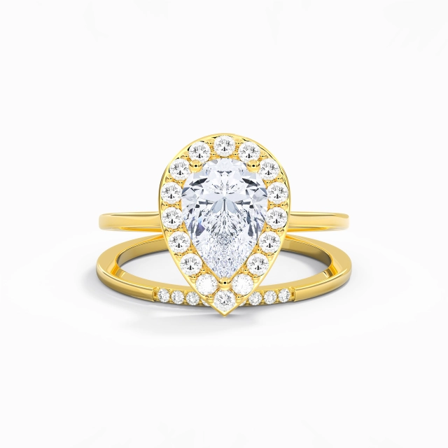 925 Sterling Silver Halo Custom Wedding Ring Set Polish Plating 18K Yellow Gold Art Deco Pear Moissanite 2.00ct Traditional Shank