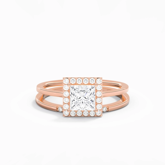 925 Sterling Silver Halo Custom Wedding Ring Set Polish Plating 18K Rose Gold Art Deco Princess Moissanite 1.00ct Traditional Shank