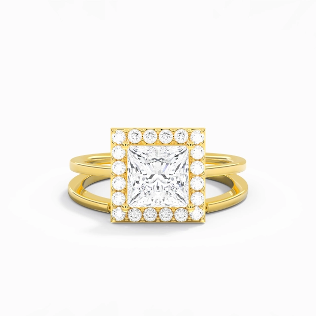 925 Sterling Silver Halo Custom Wedding Ring Set Polish Plating 18K Yellow Gold Art Deco Princess Moissanite 2.00ct Traditional Shank