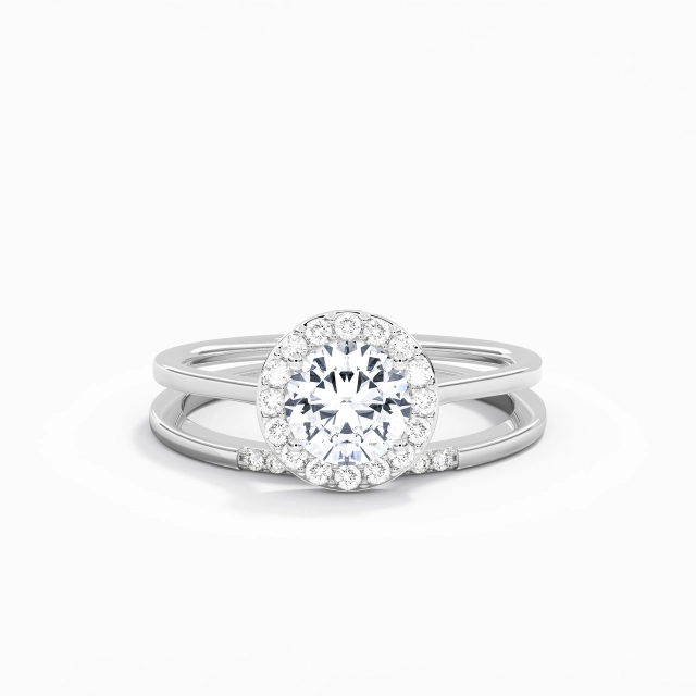 14K White Gold Halo Custom Wedding Ring Set Polish Art Deco Round Moissanite 1.00ct Traditional Shank