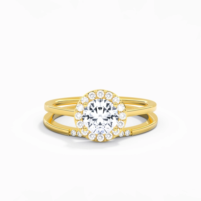 925 Sterling Silver Halo Custom Wedding Ring Set Polish Plating 18K Yellow Gold Art Deco Round Moissanite 1.00ct Traditional Shank