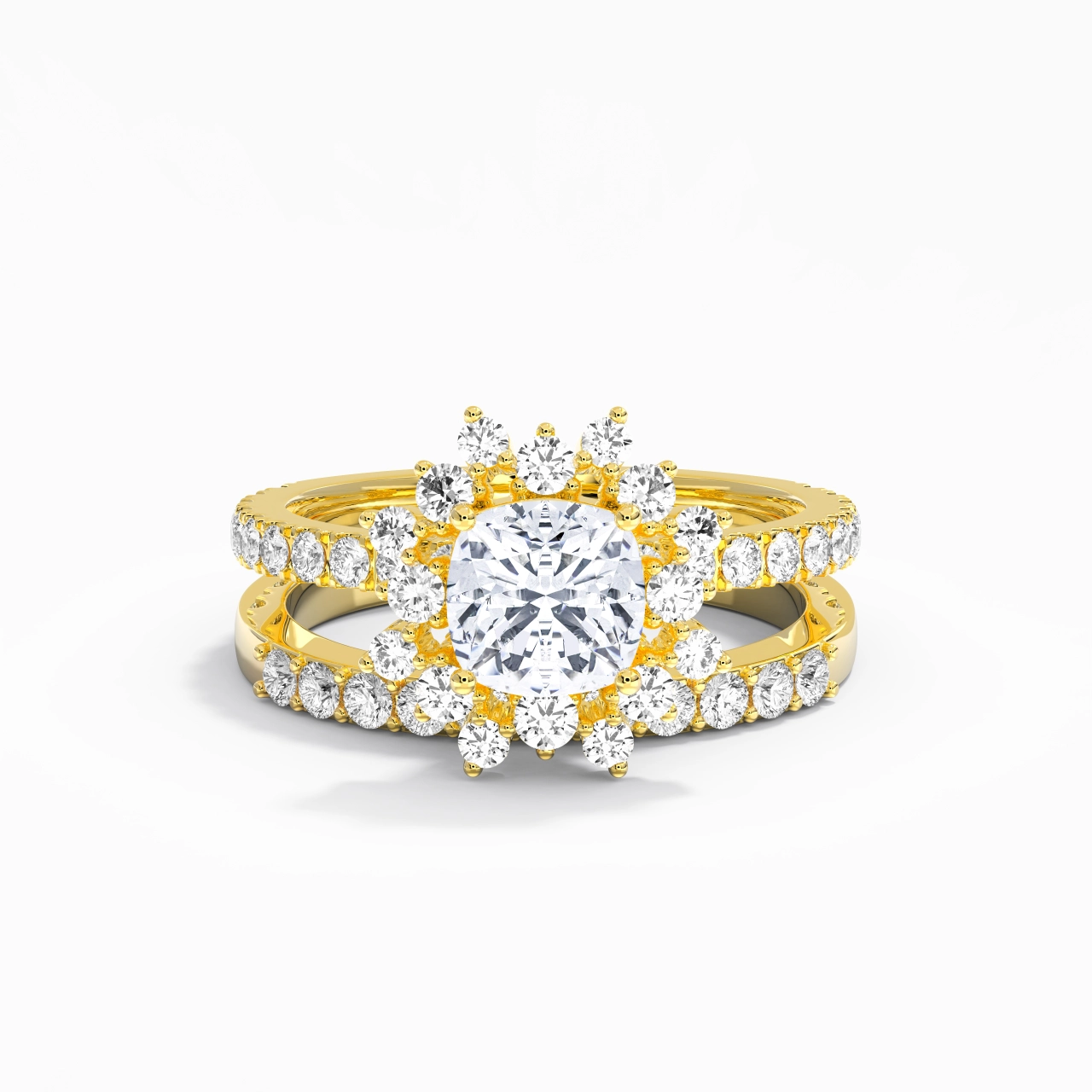 18K Gold Halo Cluster Straight Shank Wedding Ring Set