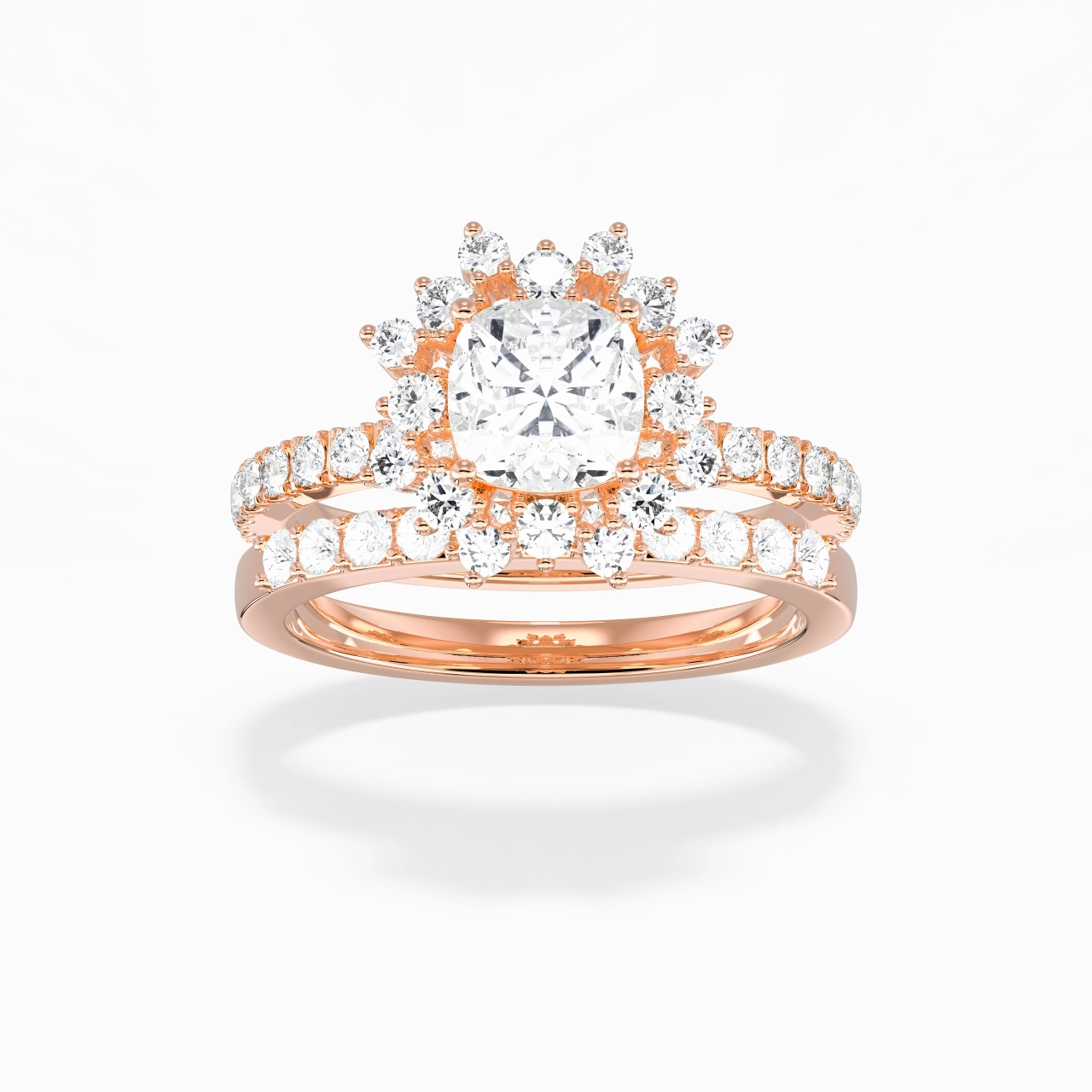 14K Rose Gold Halo Cluster Straight Shank Wedding Ring Set