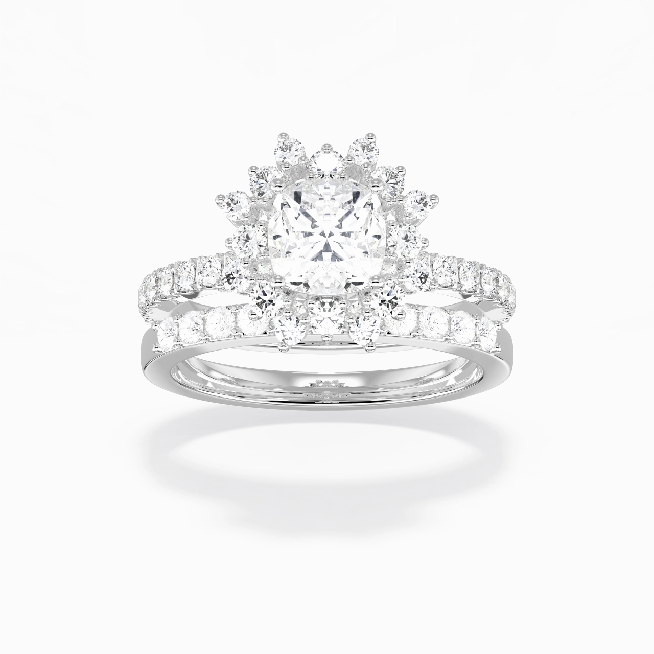 925 Sterling Silver Halo Cluster Straight Shank Wedding Ring Set