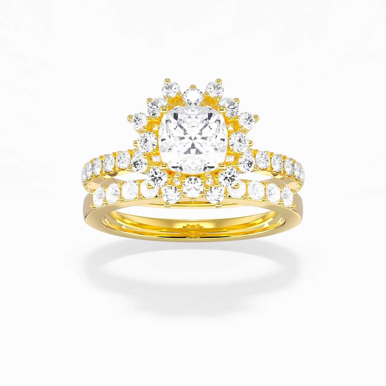 18K Gold Halo Cluster Straight Shank Wedding Ring Set