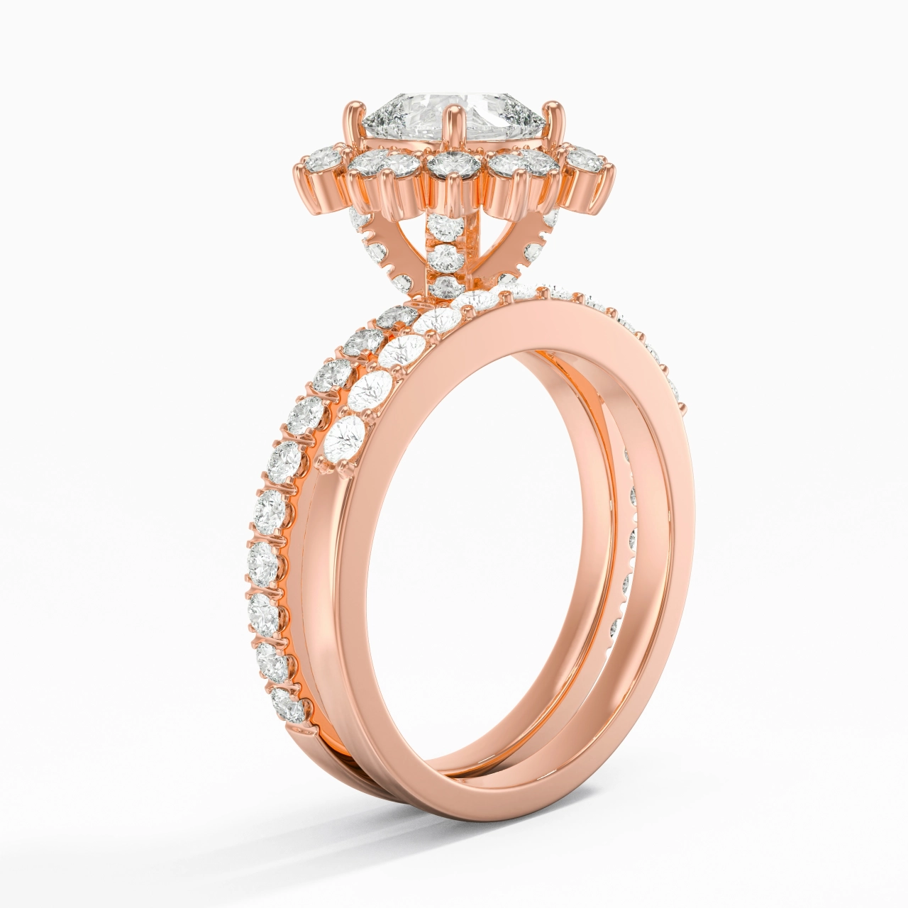 14K Rose Gold Halo Cluster Straight Shank Wedding Ring Set