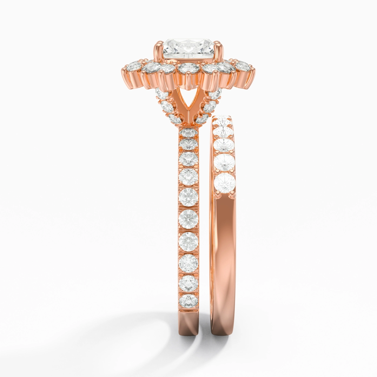 14K Rose Gold Halo Cluster Straight Shank Wedding Ring Set