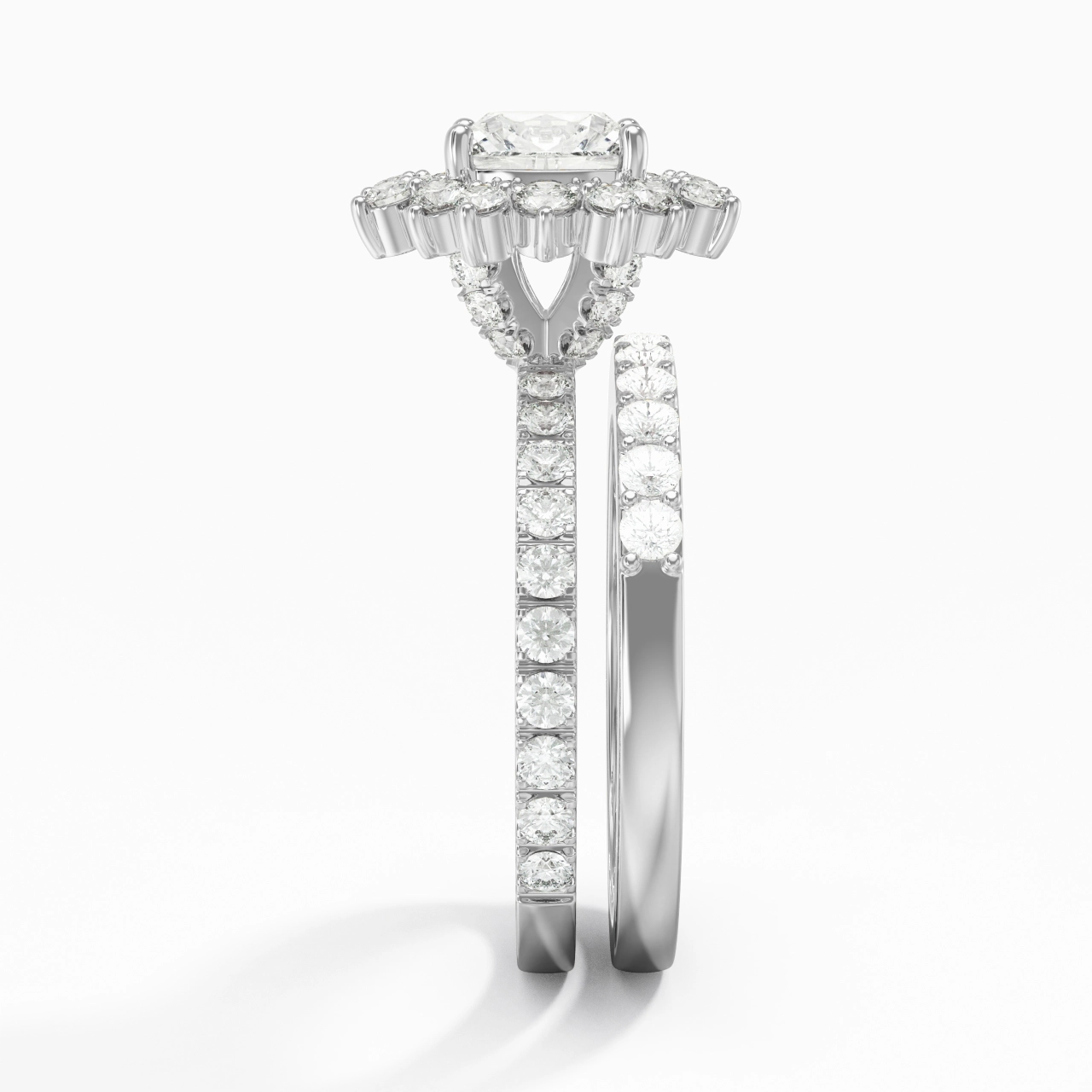 925 Sterling Silver Halo Cluster Straight Shank Wedding Ring Set