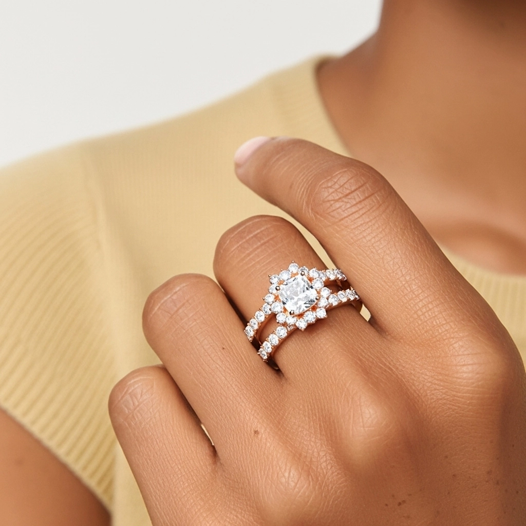 925 Sterling Silver Halo Cluster Straight Shank Wedding Ring Set