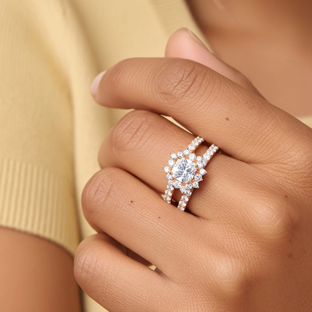 925 Sterling Silver Halo Cluster Straight Shank Wedding Ring Set