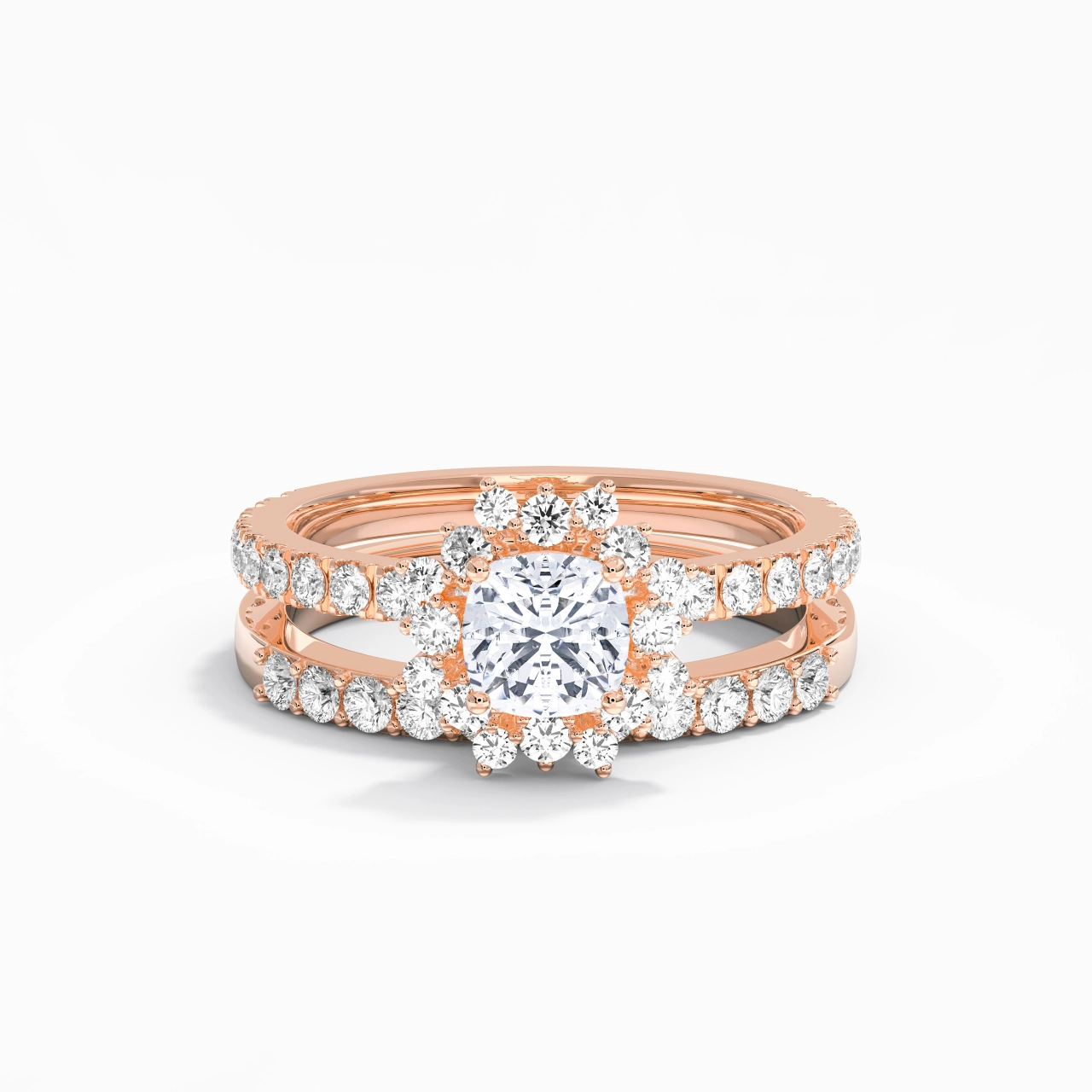 18K Rose Gold Halo Cluster Straight Shank Wedding Ring Set