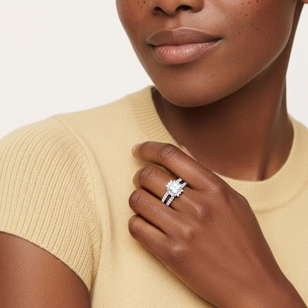 925 Sterling Silver Halo Cluster Straight Shank Wedding Ring Set