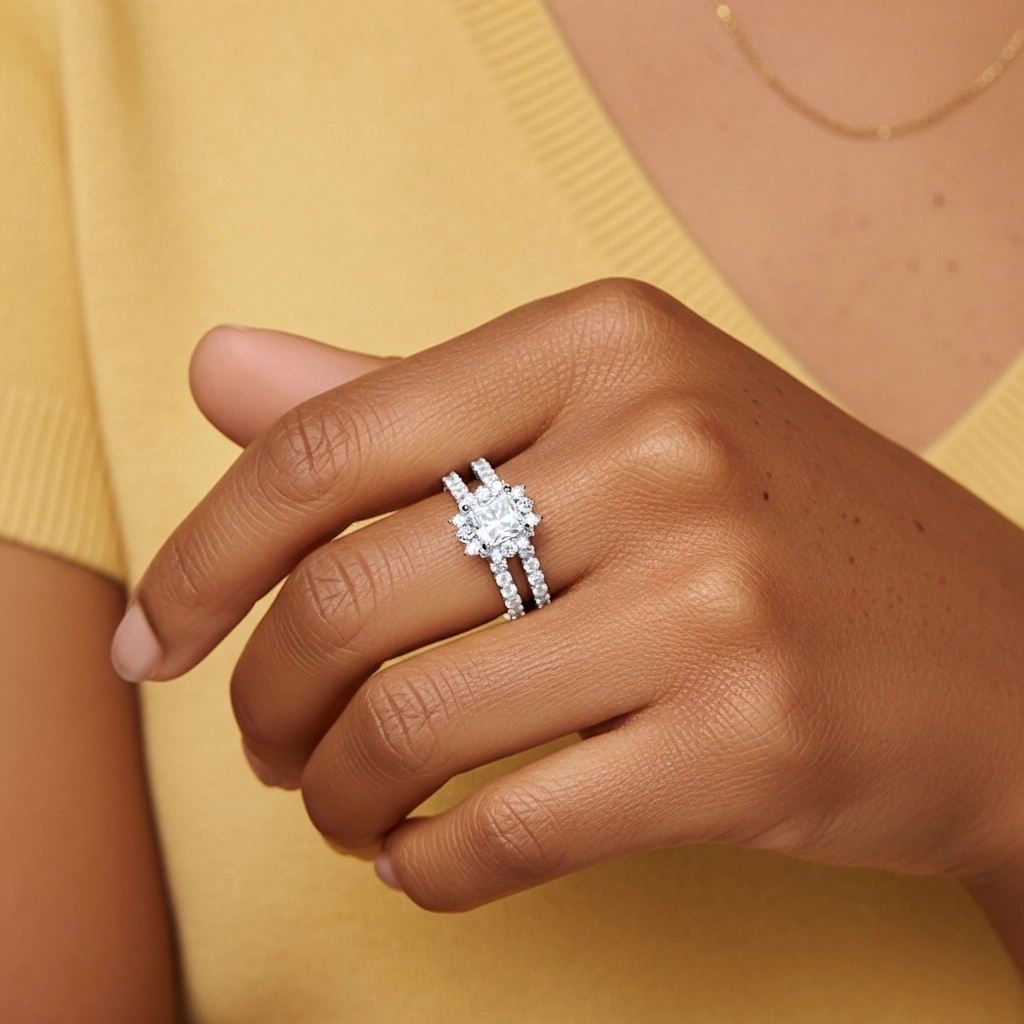 925 Sterling Silver Halo Cluster Straight Shank Wedding Ring Set