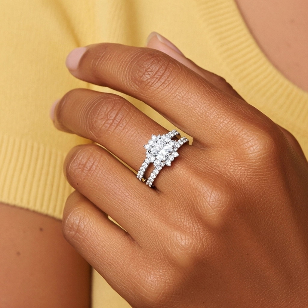 925 Sterling Silver Halo Cluster Straight Shank Wedding Ring Set