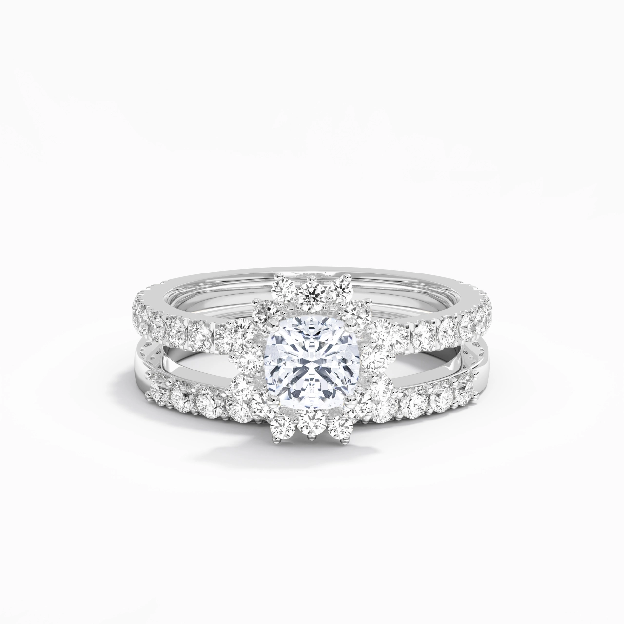 925 Sterling Silver Halo Cluster Straight Shank Wedding Ring Set
