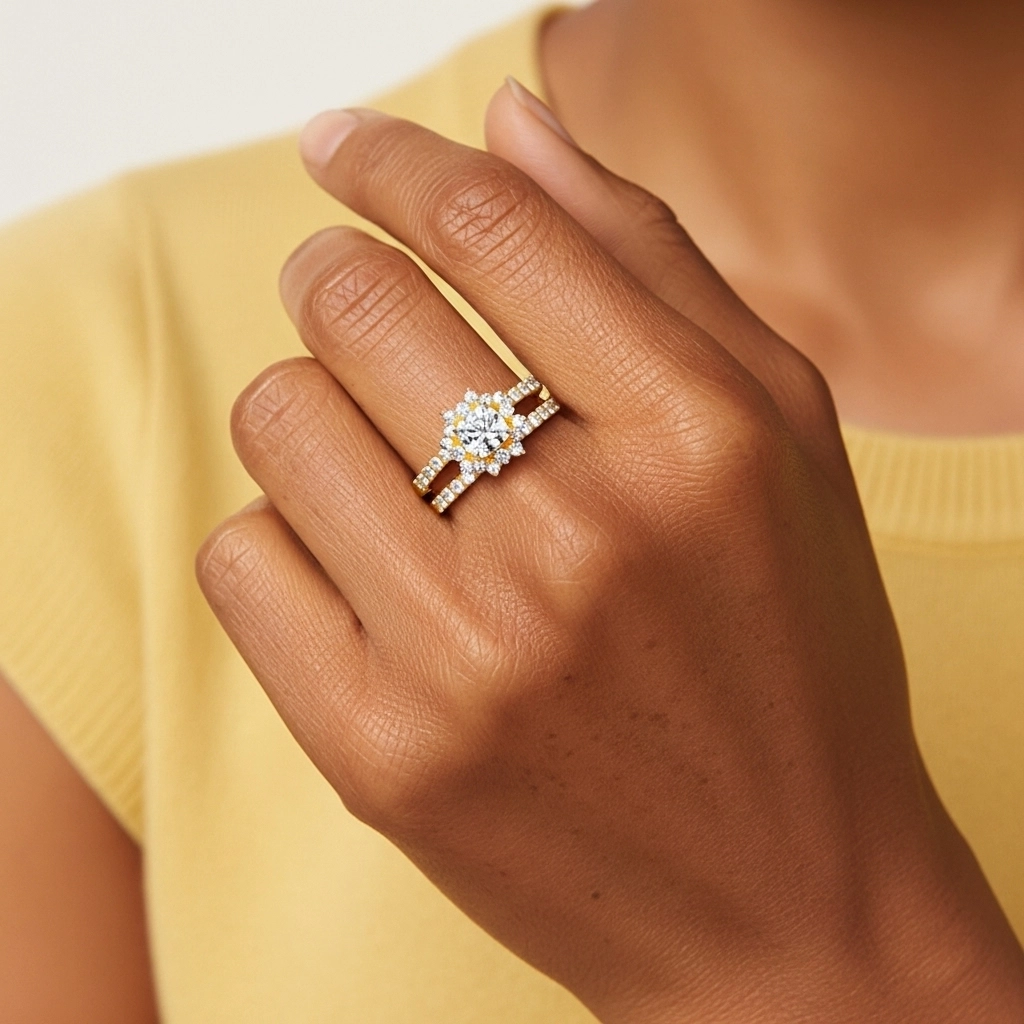 14K Gold Halo Cluster Straight Shank Wedding Ring Set