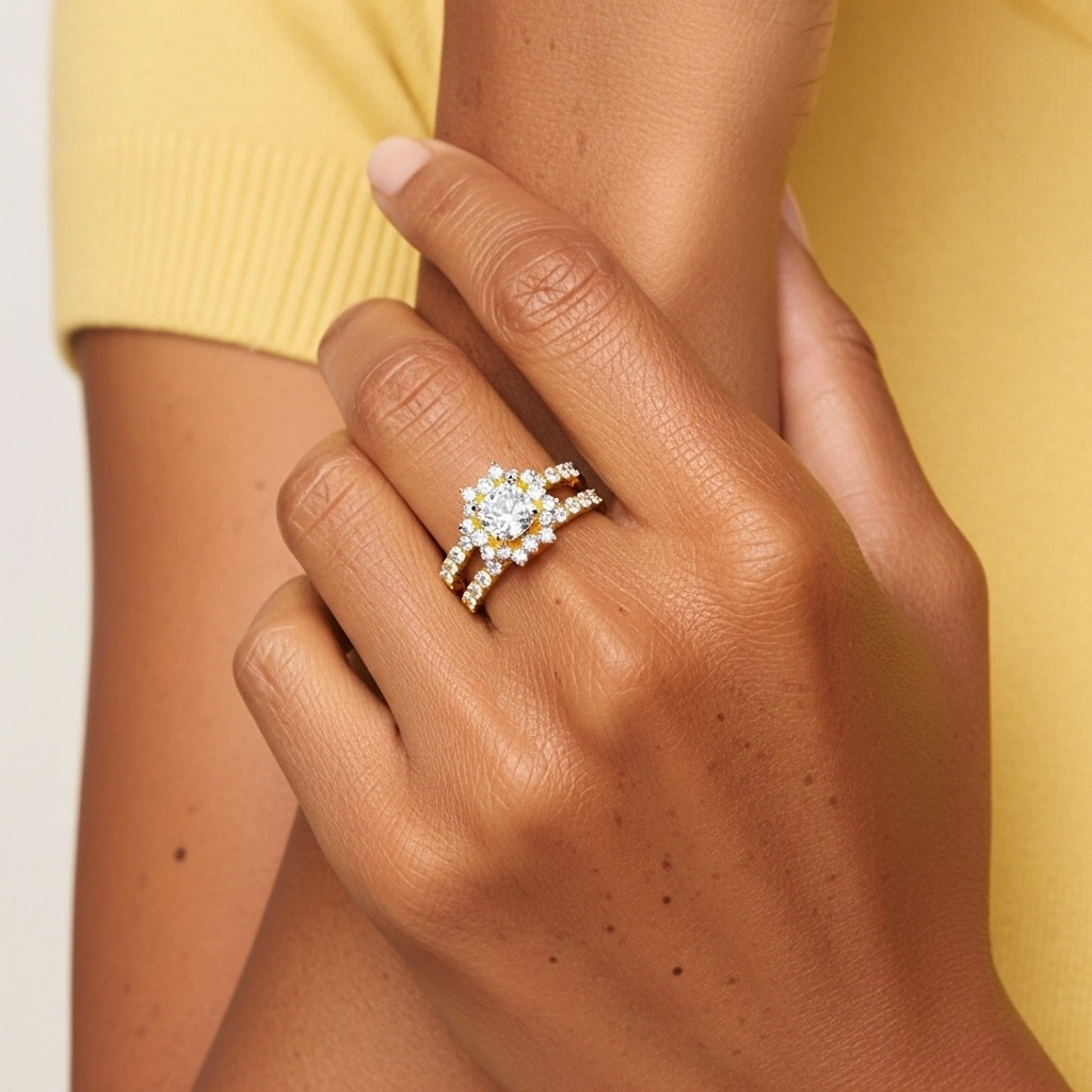 14K Gold Halo Cluster Straight Shank Wedding Ring Set